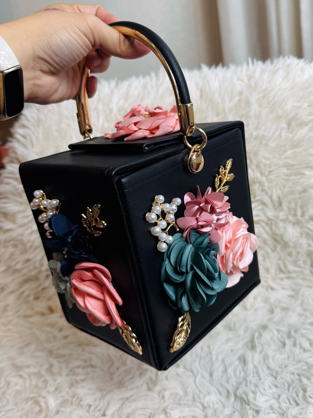 Cube Top Handle Bag with Multicolor Floral Appliqué and Gold Hardware - Picture 9 of 9